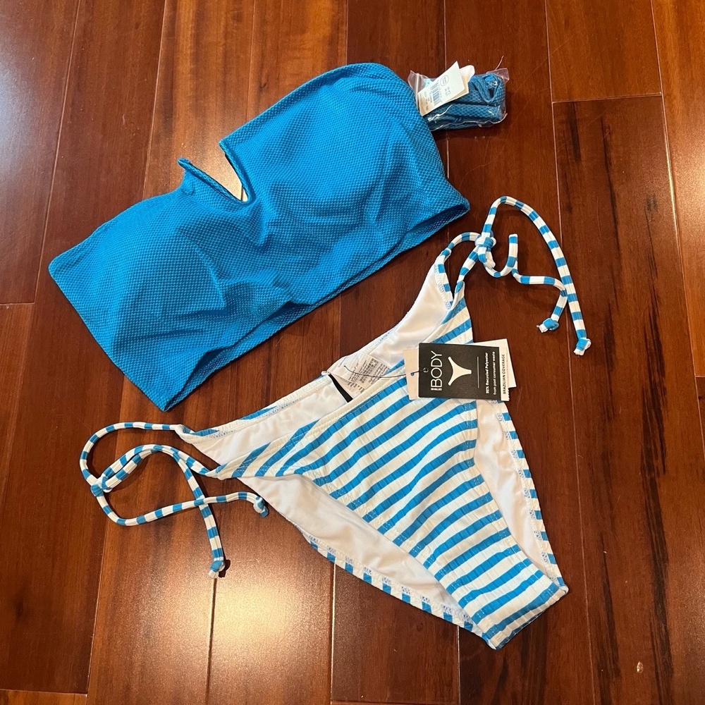 New NWT‎ Aerie Cotton On Bikini Set Blue White Bonnie Stripe Tie Swim Set Size M